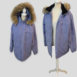 Vintage Weather Tamer Women's LIght Blue  Fur Hooded Suede Parka Coat Jacket M